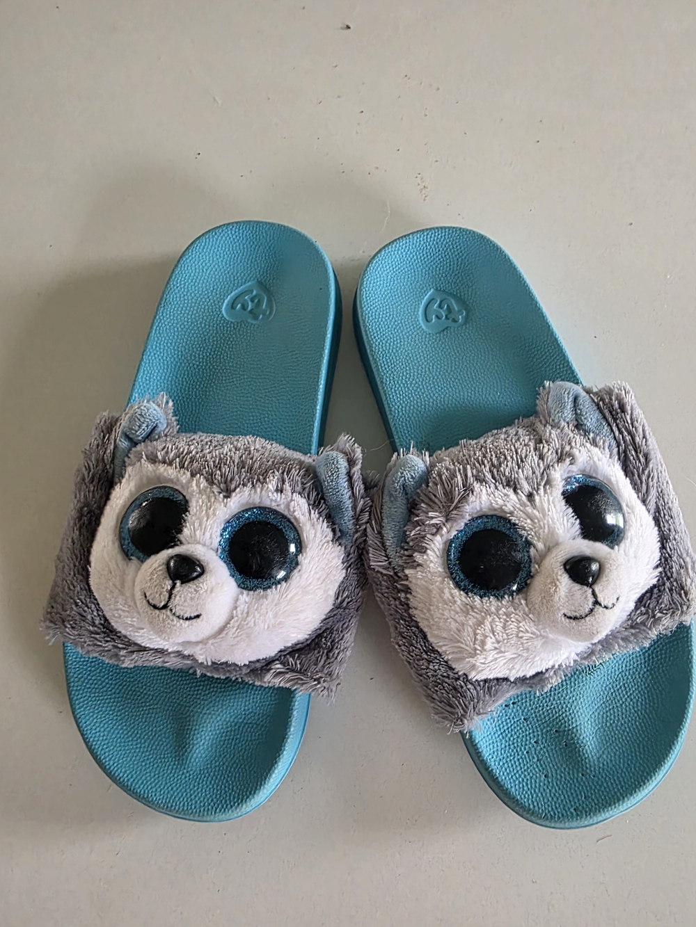 Ty Kids Plush Husky Slide Sandals - Turquoise and Gray
